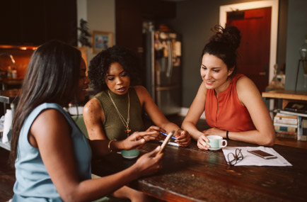 three friends sitting at a table